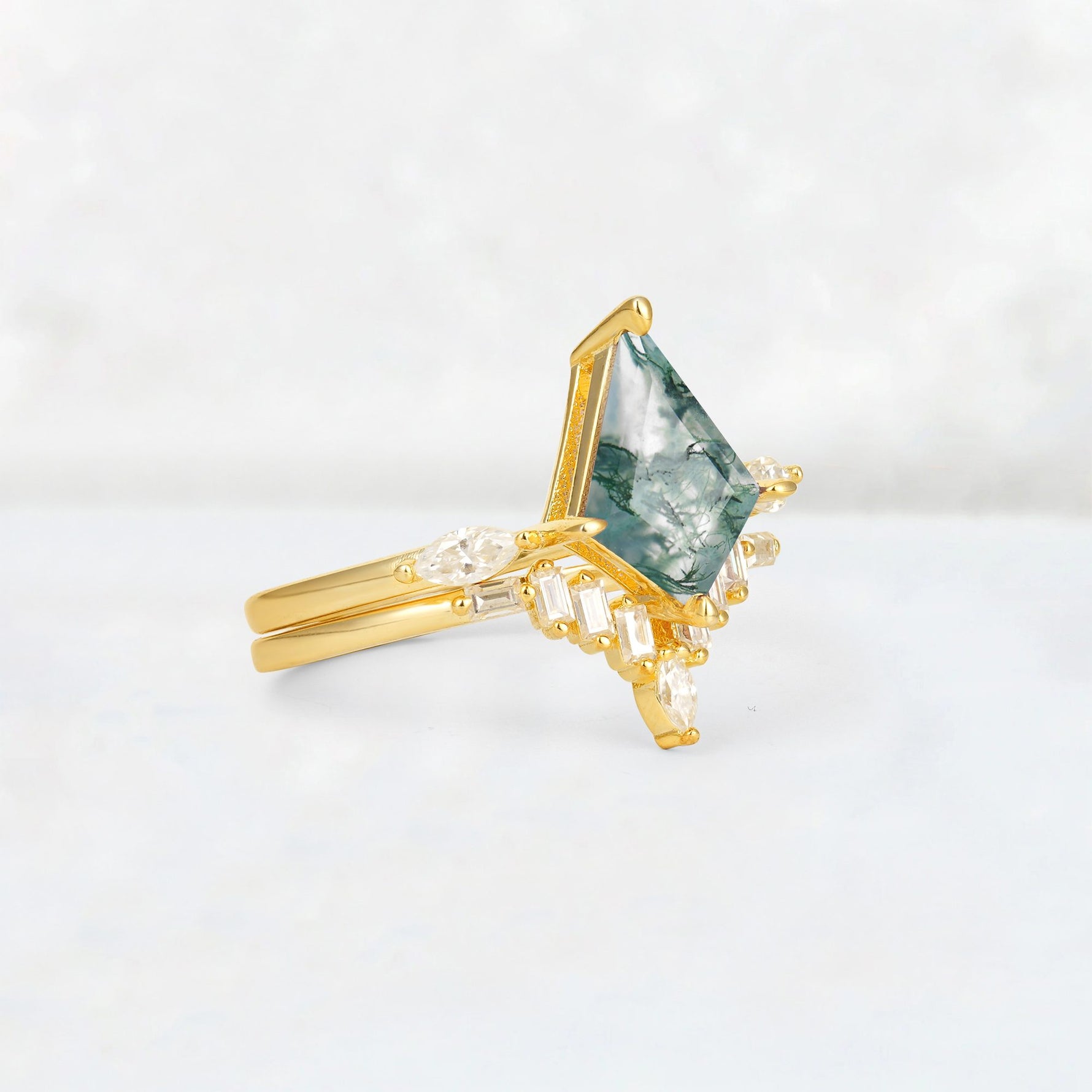 Elongated Kite Cut Moss Agate Marquise & Baguette Bridal Ring Set - Rose-Gold