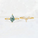 Elongated Kite Cut Moss Agate Marquise & Baguette Bridal Ring Set - White-Gold