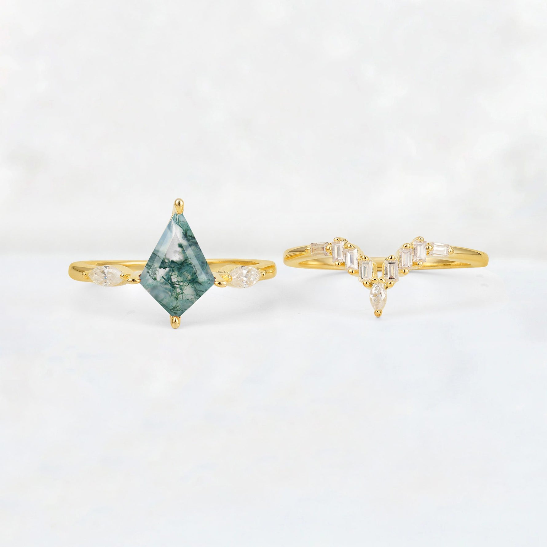 Elongated Kite Cut Moss Agate Marquise & Baguette Bridal Ring Set - White-Gold