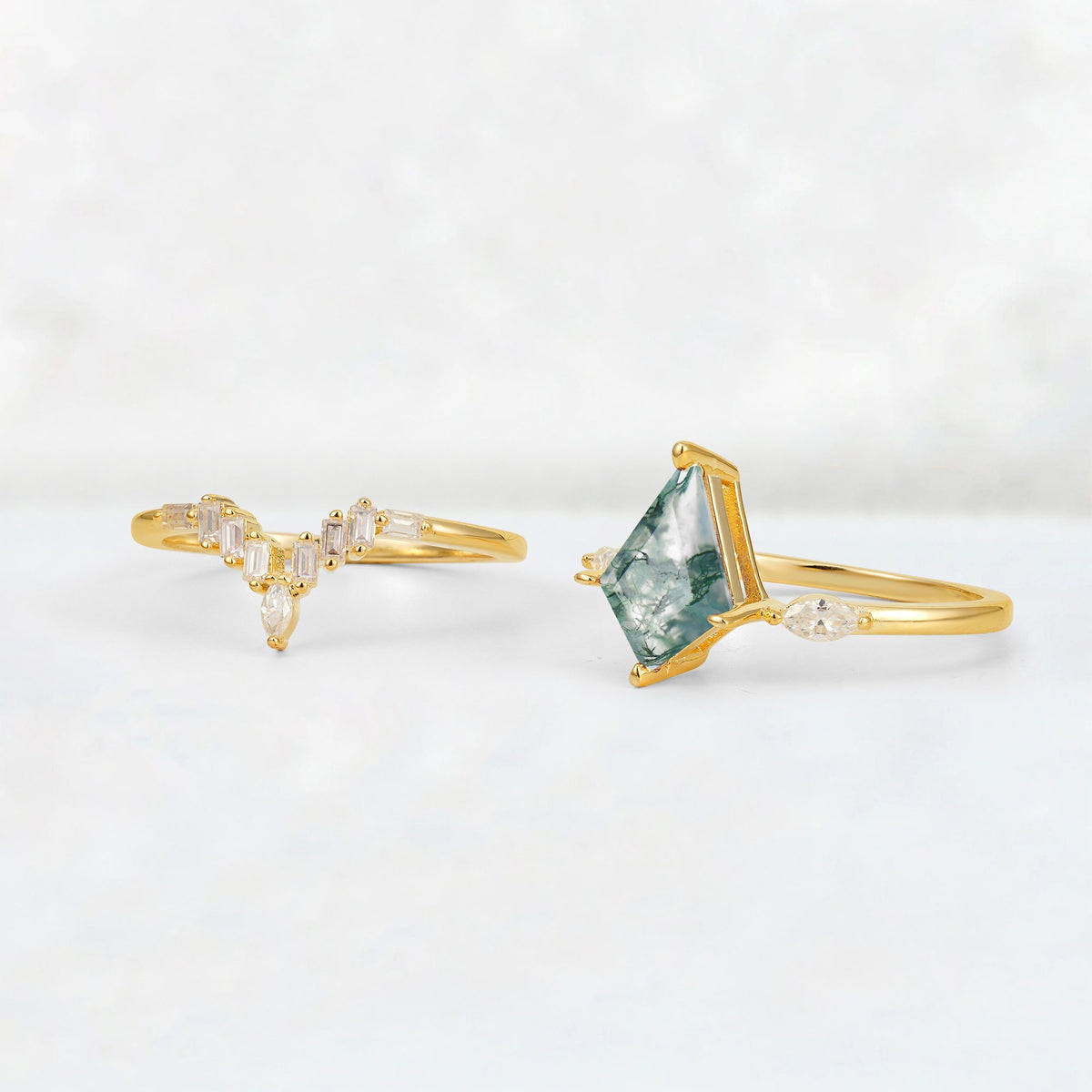 Elongated Kite Cut Moss Agate Marquise & Baguette Bridal Ring Set - Additional view
