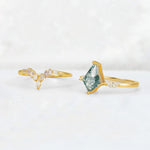 Elongated Kite Cut Moss Agate Marquise & Baguette Bridal Ring Set - Additional view
