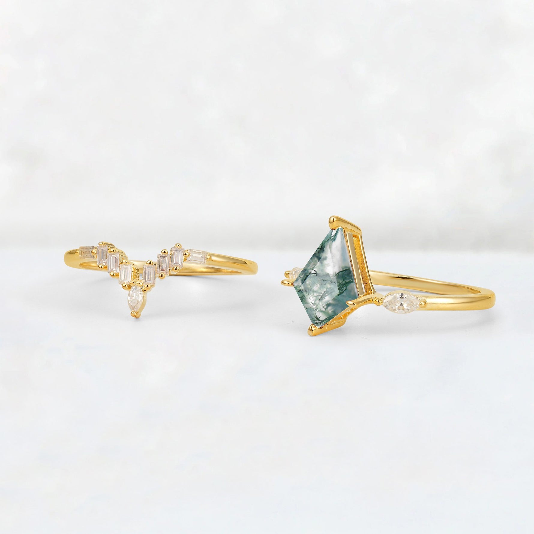 Elongated Kite Cut Moss Agate Marquise & Baguette Bridal Ring Set - Additional view