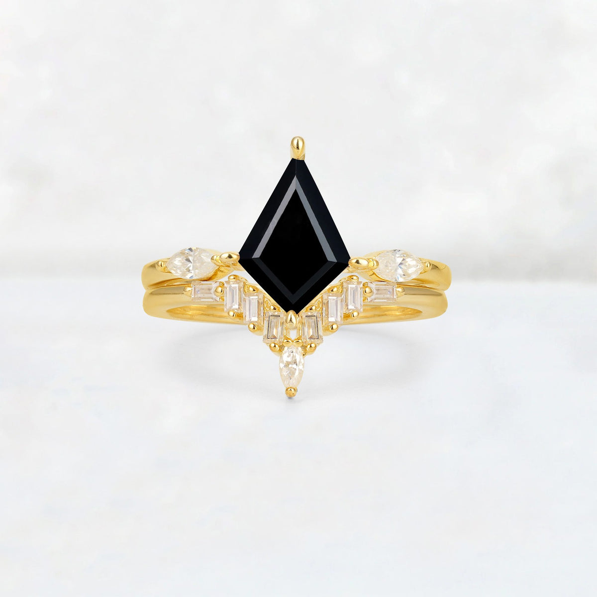 Elongated Kite Cut Black Onyx Marquise & Baguette Bridal Ring Set - Yellow-Gold