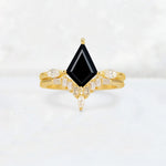 Elongated Kite Cut Black Onyx Marquise & Baguette Bridal Ring Set - Yellow-Gold