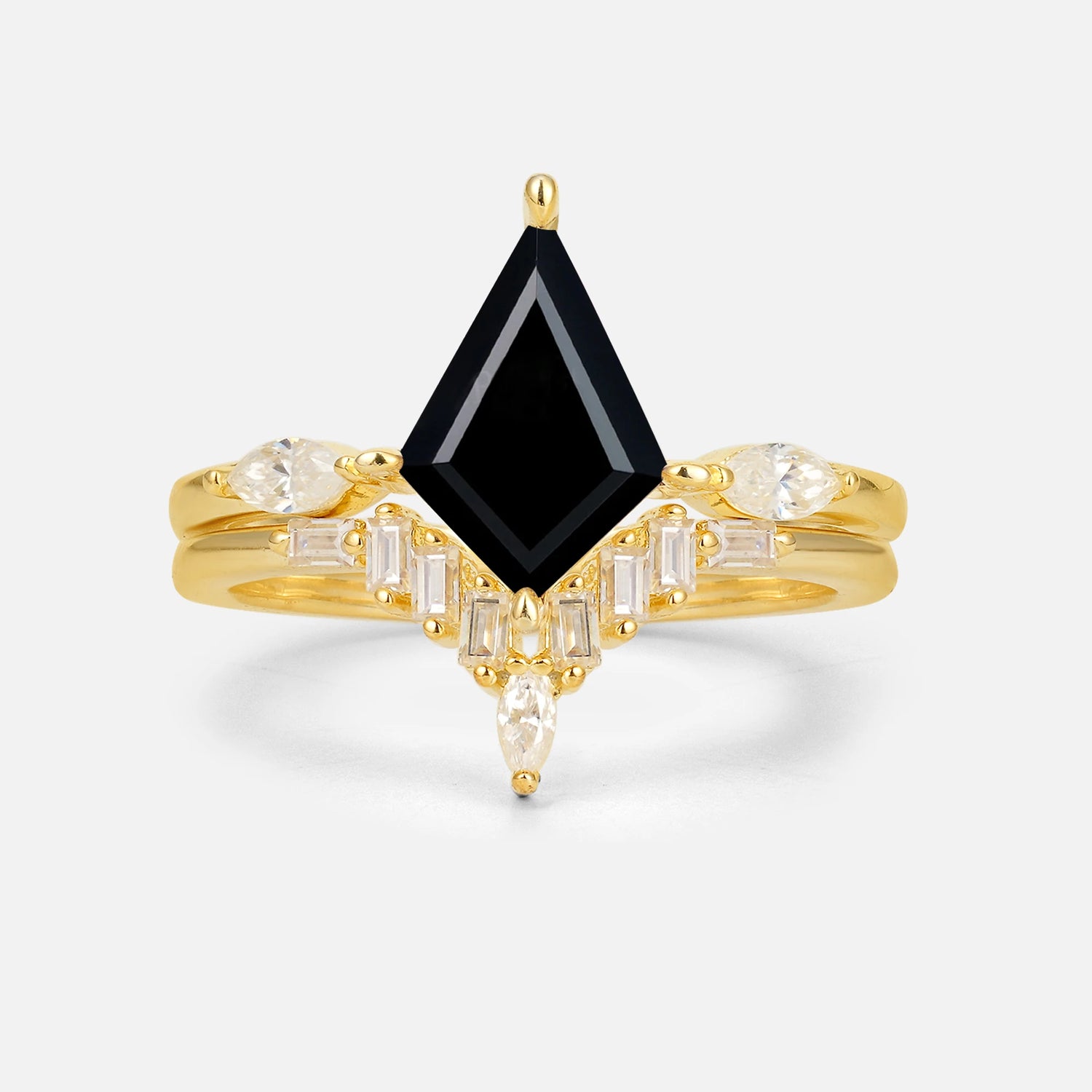 Elongated Kite Cut Black Onyx Marquise & Baguette Bridal Ring Set - Yellow-Gold