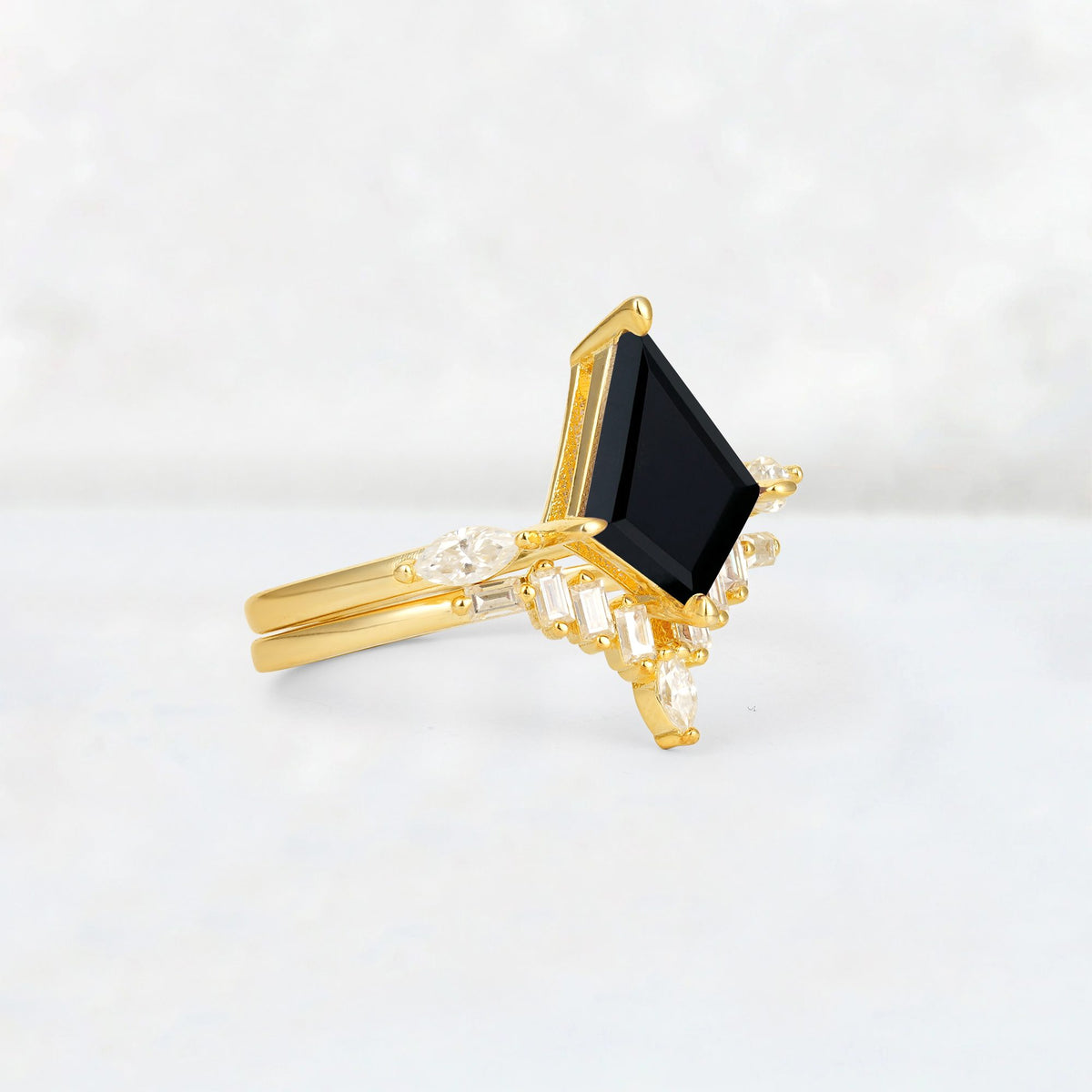 Elongated Kite Cut Black Onyx Marquise & Baguette Bridal Ring Set - Rose-Gold