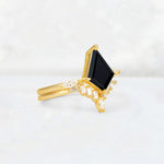 Elongated Kite Cut Black Onyx Marquise & Baguette Bridal Ring Set - Rose-Gold