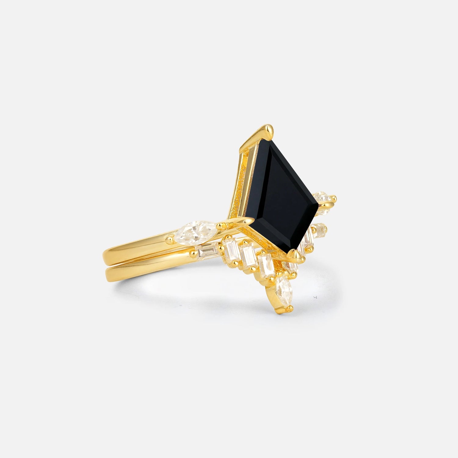 Elongated Kite Cut Black Onyx Marquise & Baguette Bridal Ring Set - Rose-Gold