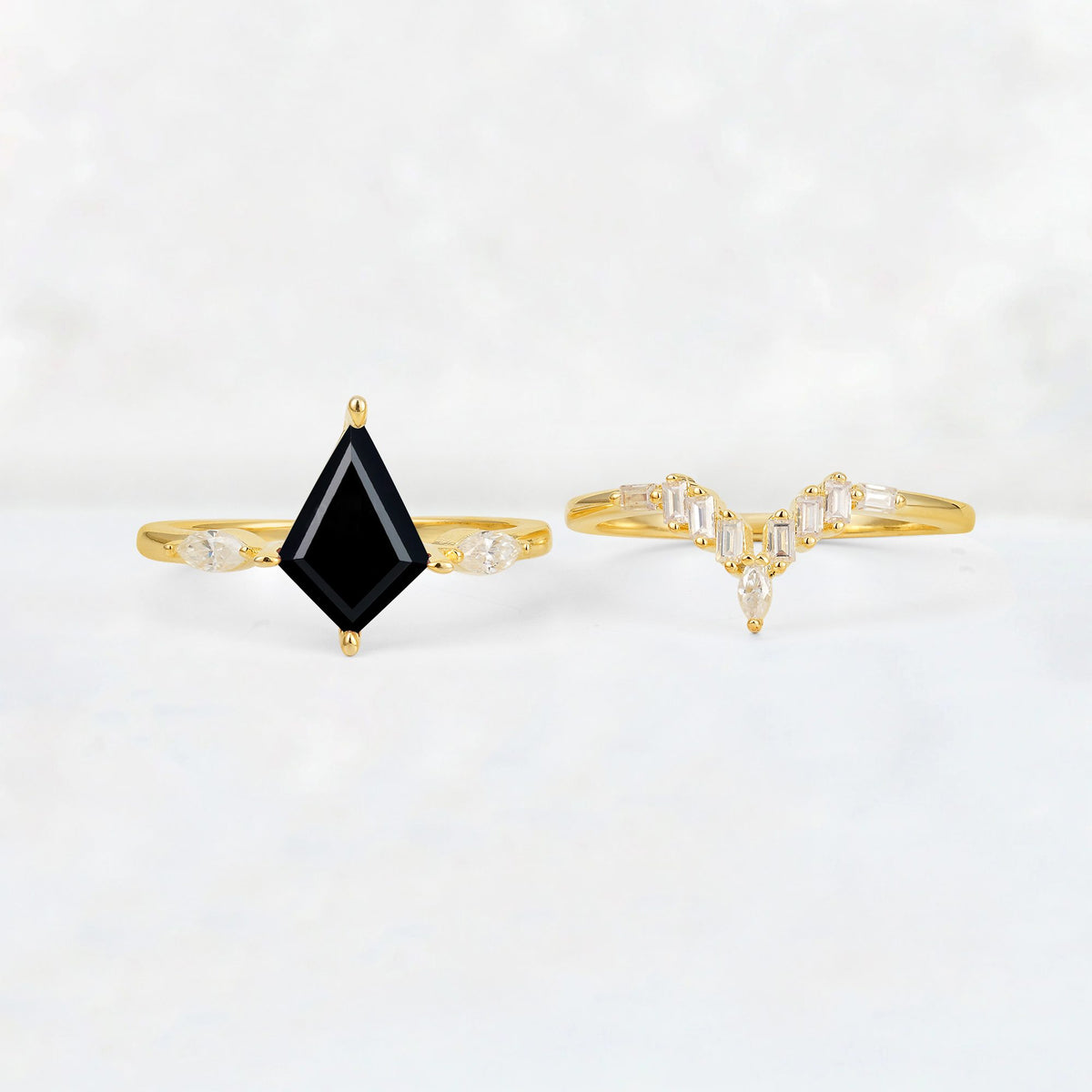 Elongated Kite Cut Black Onyx Marquise & Baguette Bridal Ring Set - White-Gold