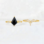 Elongated Kite Cut Black Onyx Marquise & Baguette Bridal Ring Set - White-Gold