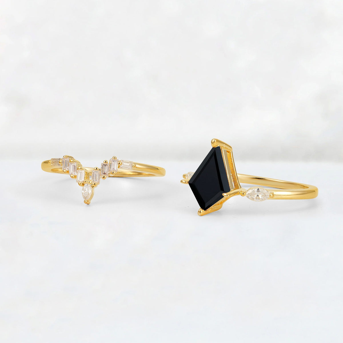 Elongated Kite Cut Black Onyx Marquise & Baguette Bridal Ring Set - Additional view