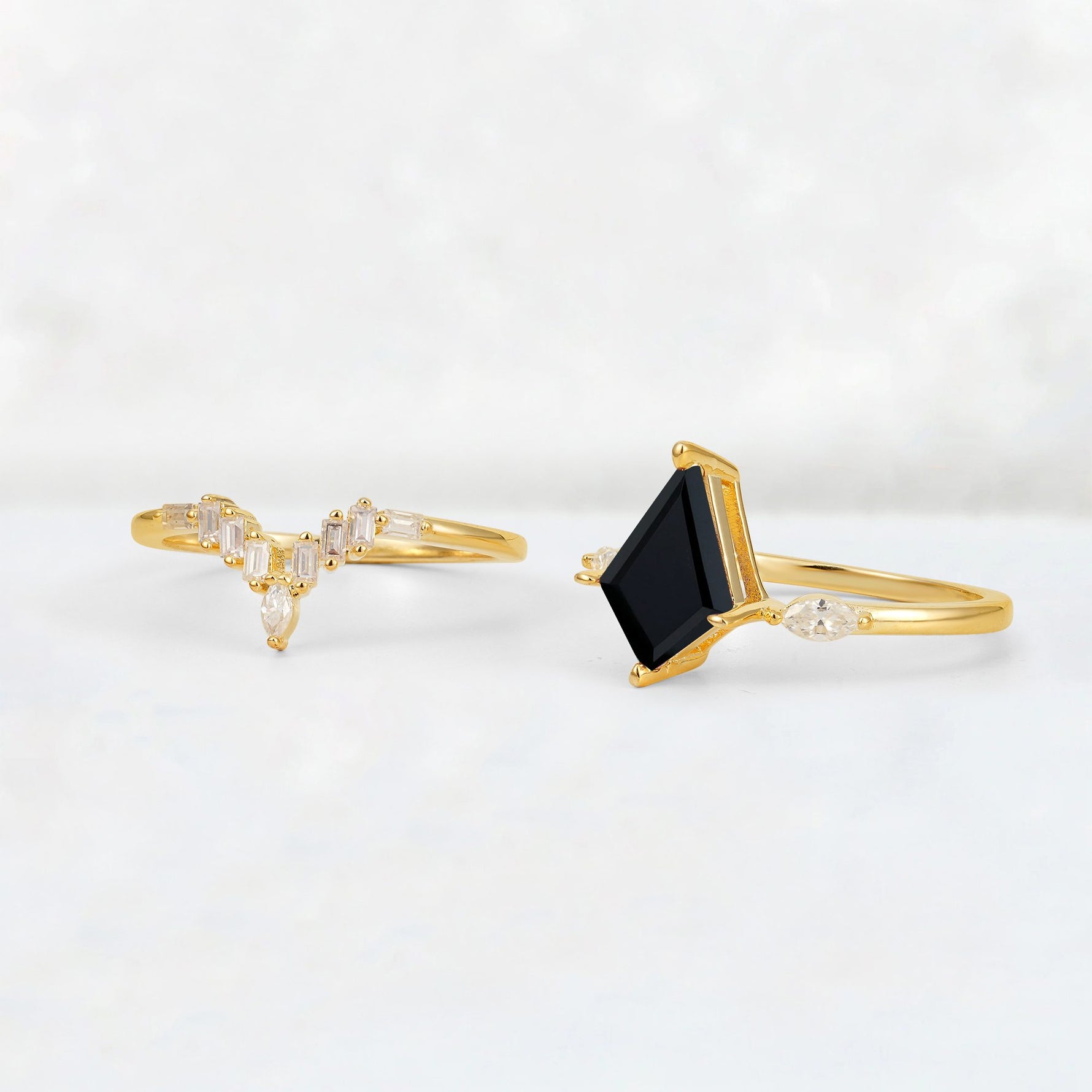 Elongated Kite Cut Black Onyx Marquise & Baguette Bridal Ring Set - Additional view