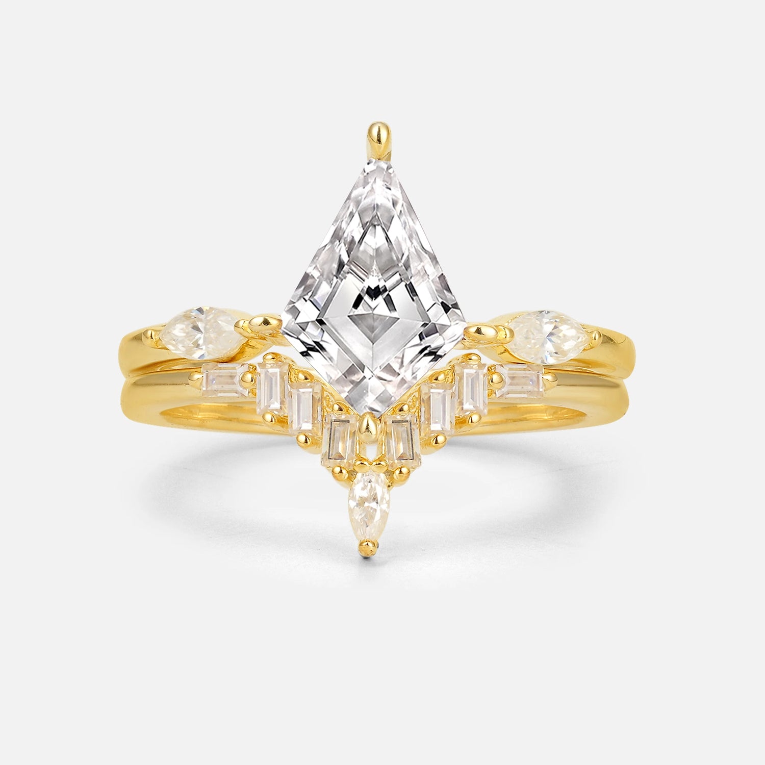 Elongated Kite Cut Lab Diamond Marquise & Baguette Bridal Ring Set - Yellow-Gold