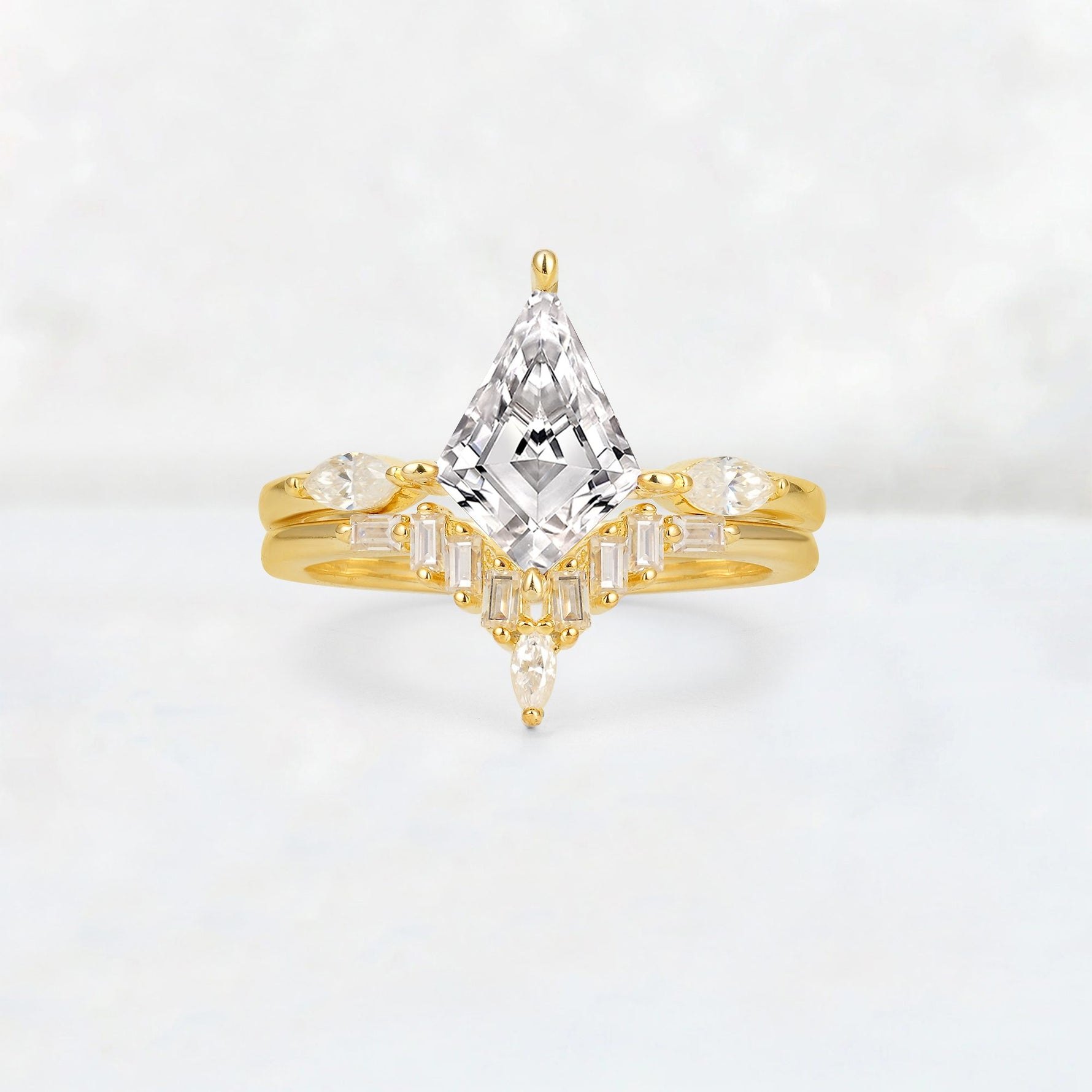 Elongated Kite Cut Lab Diamond Marquise & Baguette Bridal Ring Set - Yellow-Gold