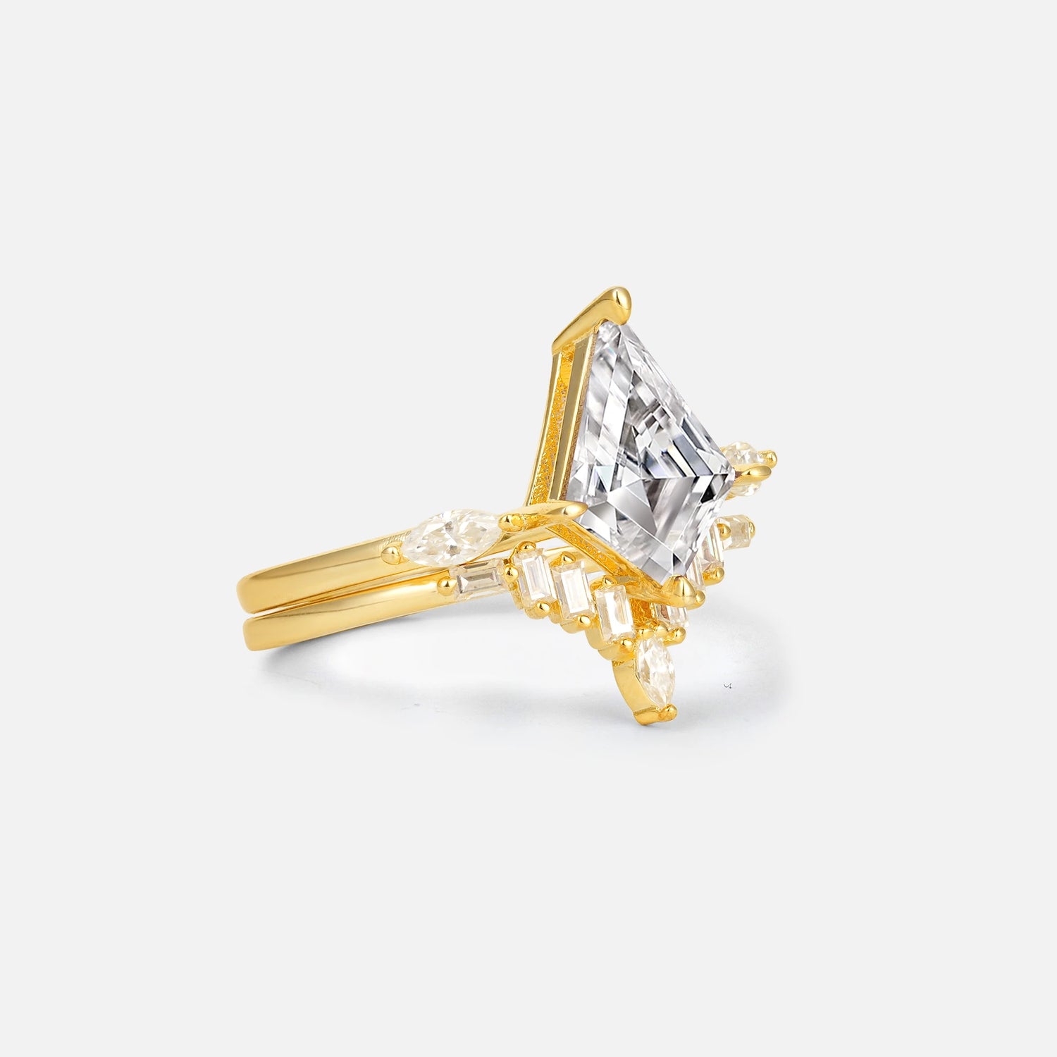 Elongated Kite Cut Lab Diamond Marquise & Baguette Bridal Ring Set - Rose-Gold