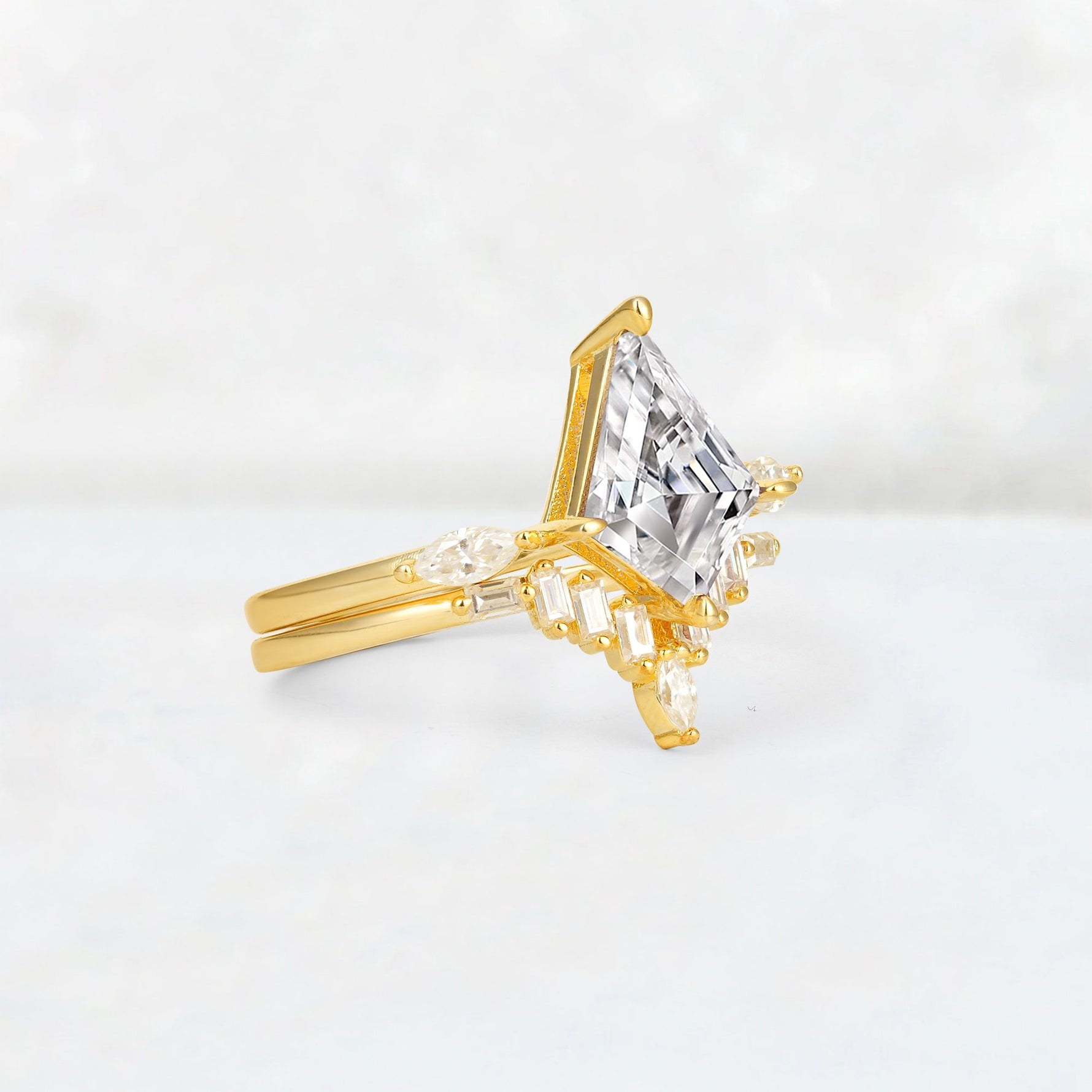 Elongated Kite Cut Lab Diamond Marquise & Baguette Bridal Ring Set - Rose-Gold