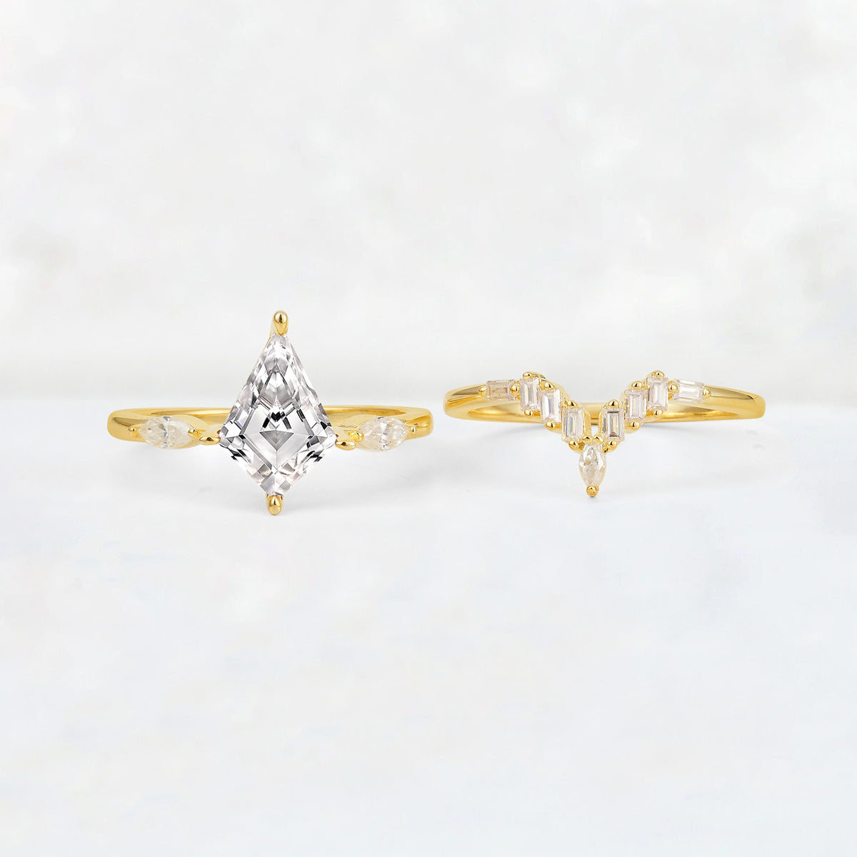 Elongated Kite Cut Lab Diamond Marquise & Baguette Bridal Ring Set - White-Gold