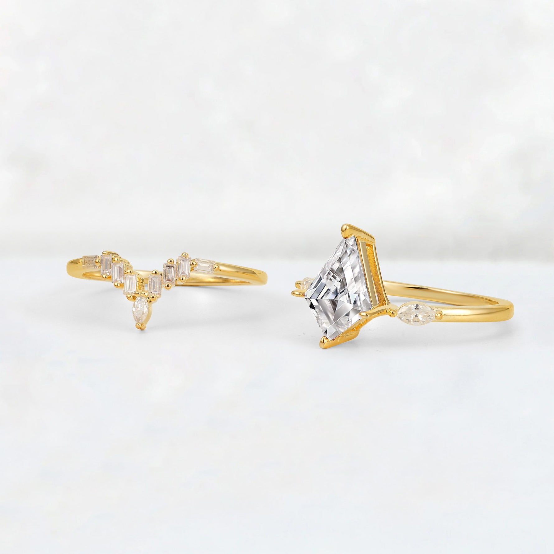 Elongated Kite Cut Lab Diamond Marquise & Baguette Bridal Ring Set - Additional view