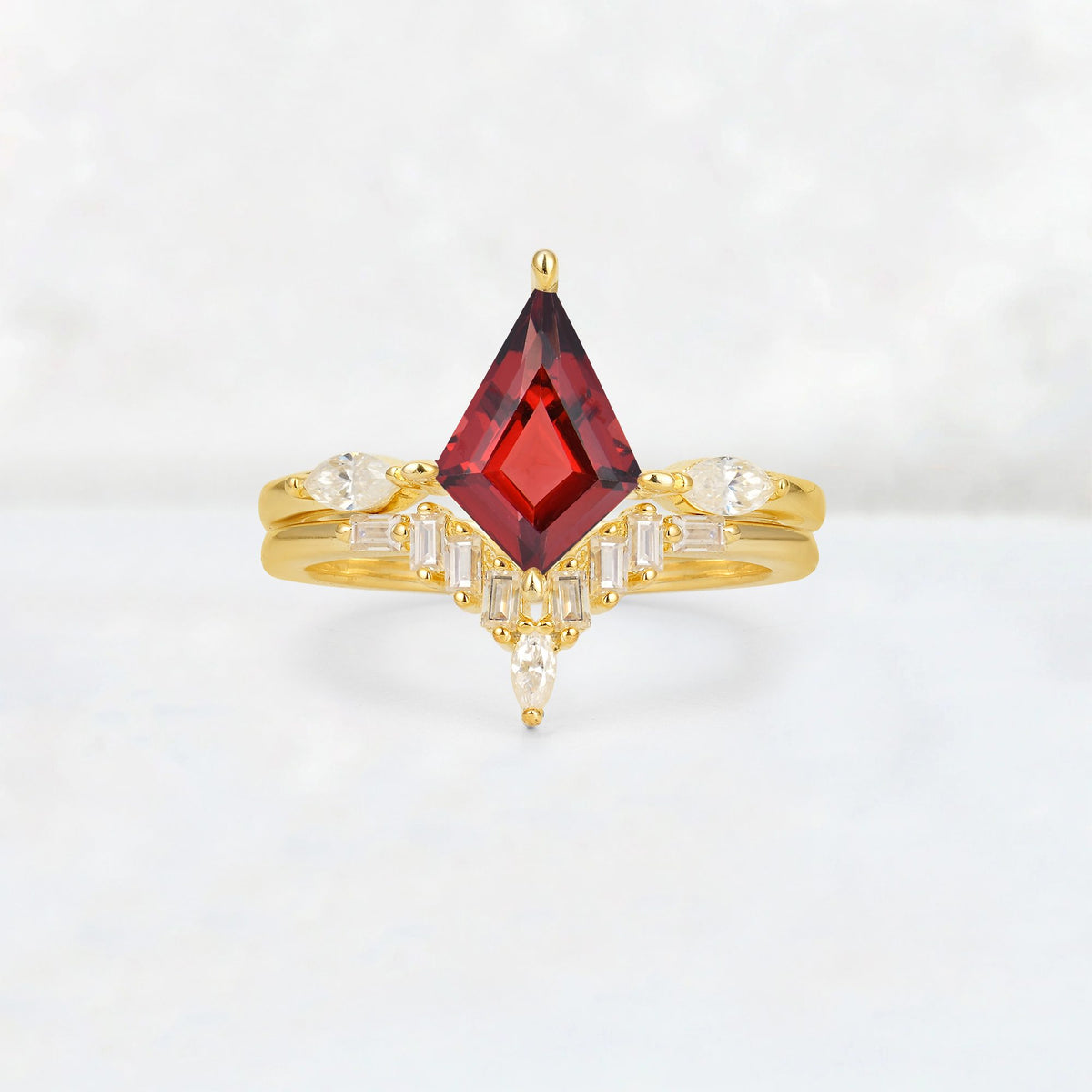 Elongated Kite Cut Garnet Marquise & Baguette Bridal Ring Set - Yellow-Gold