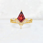 Elongated Kite Cut Garnet Marquise & Baguette Bridal Ring Set - Yellow-Gold