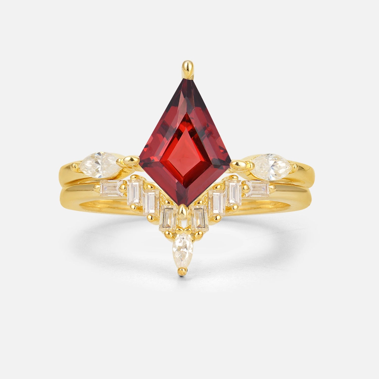 Elongated Kite Cut Garnet Marquise & Baguette Bridal Ring Set - Yellow-Gold