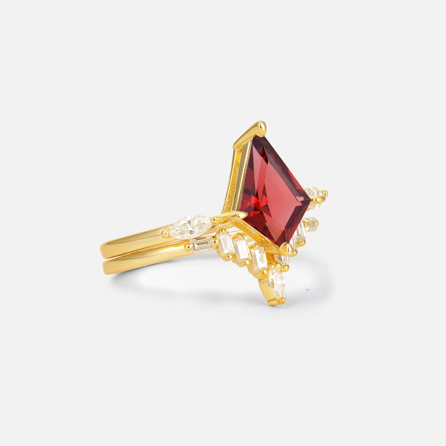 Elongated Kite Cut Garnet Marquise & Baguette Bridal Ring Set - Rose-Gold