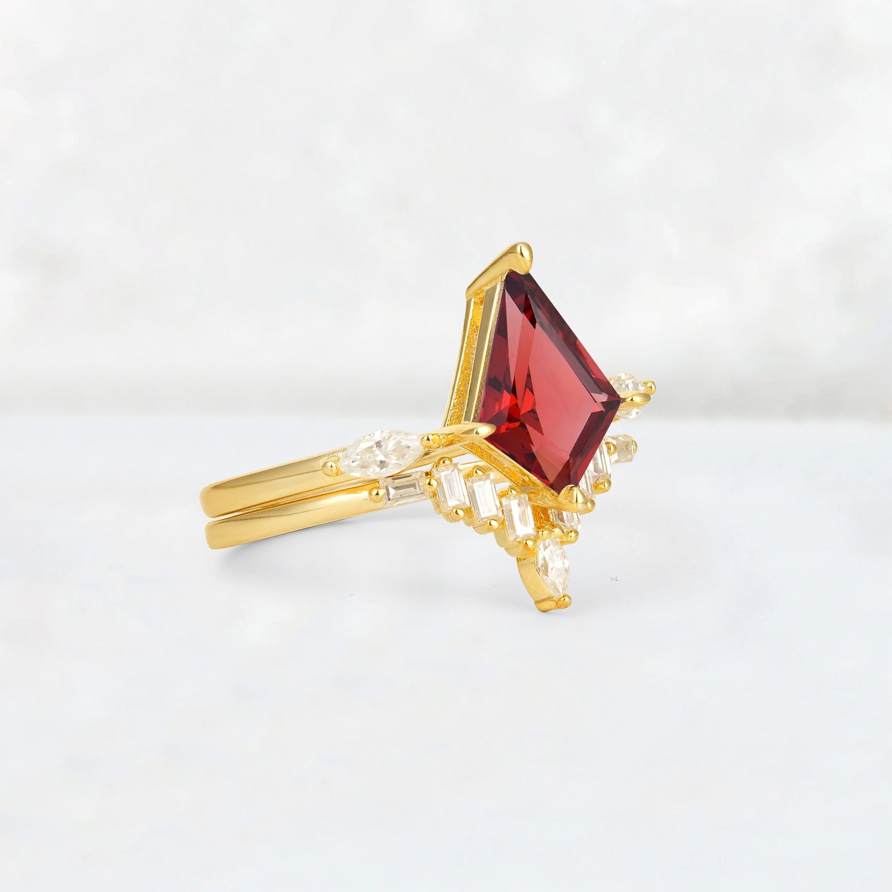 Elongated Kite Cut Garnet Marquise & Baguette Bridal Ring Set - Rose-Gold
