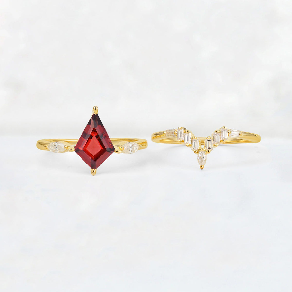 Elongated Kite Cut Garnet Marquise & Baguette Bridal Ring Set - White-Gold