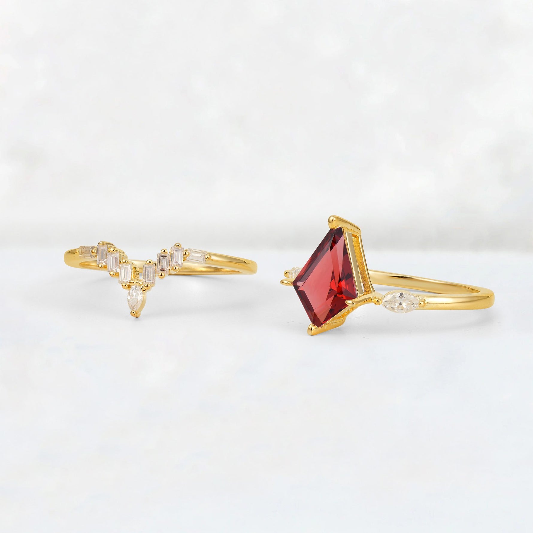 Elongated Kite Cut Garnet Marquise & Baguette Bridal Ring Set - Additional view
