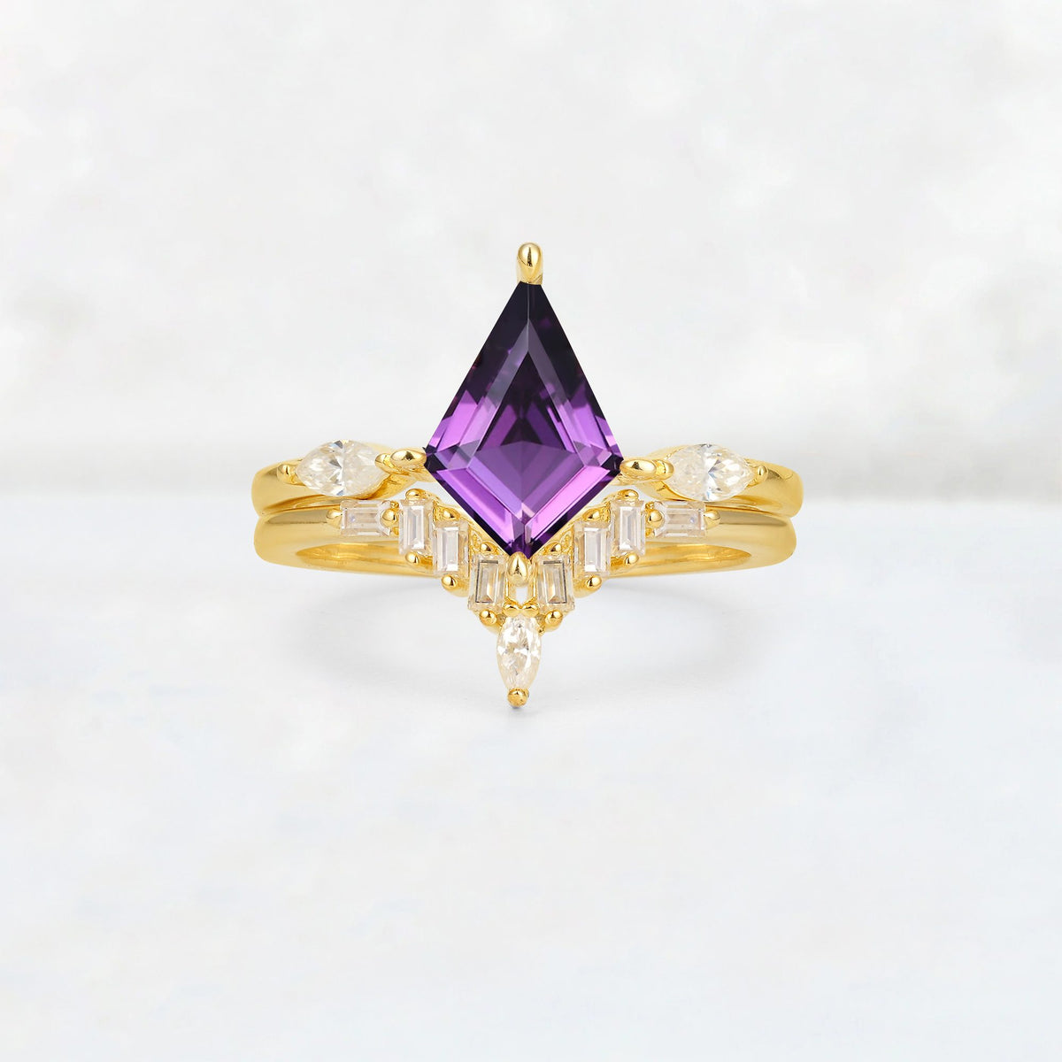 Elongated Kite Cut Amethyst Marquise & Baguette Bridal Ring Set - Yellow-Gold