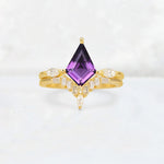 Elongated Kite Cut Amethyst Marquise & Baguette Bridal Ring Set - Yellow-Gold