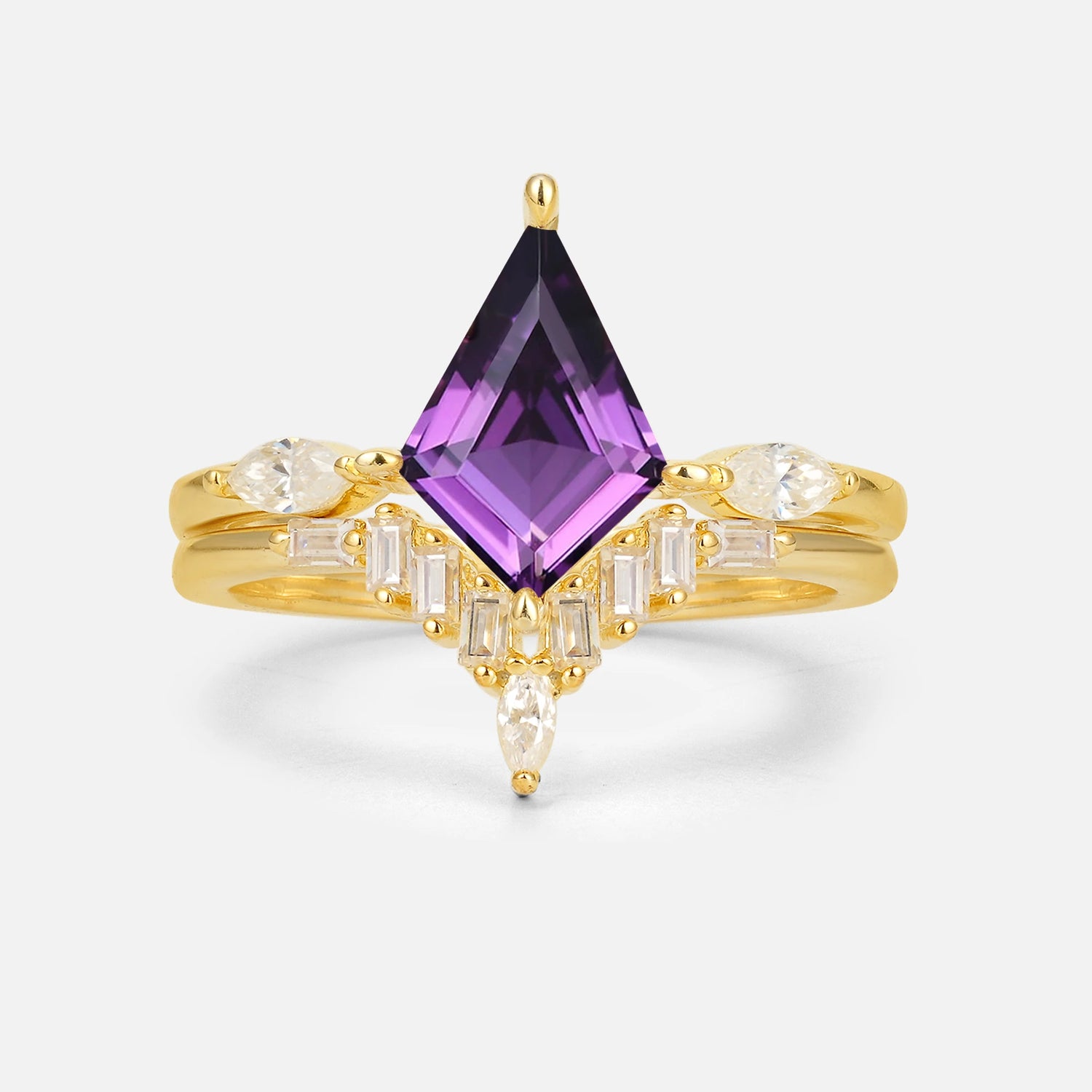 Elongated Kite Cut Amethyst Marquise & Baguette Bridal Ring Set - Yellow-Gold