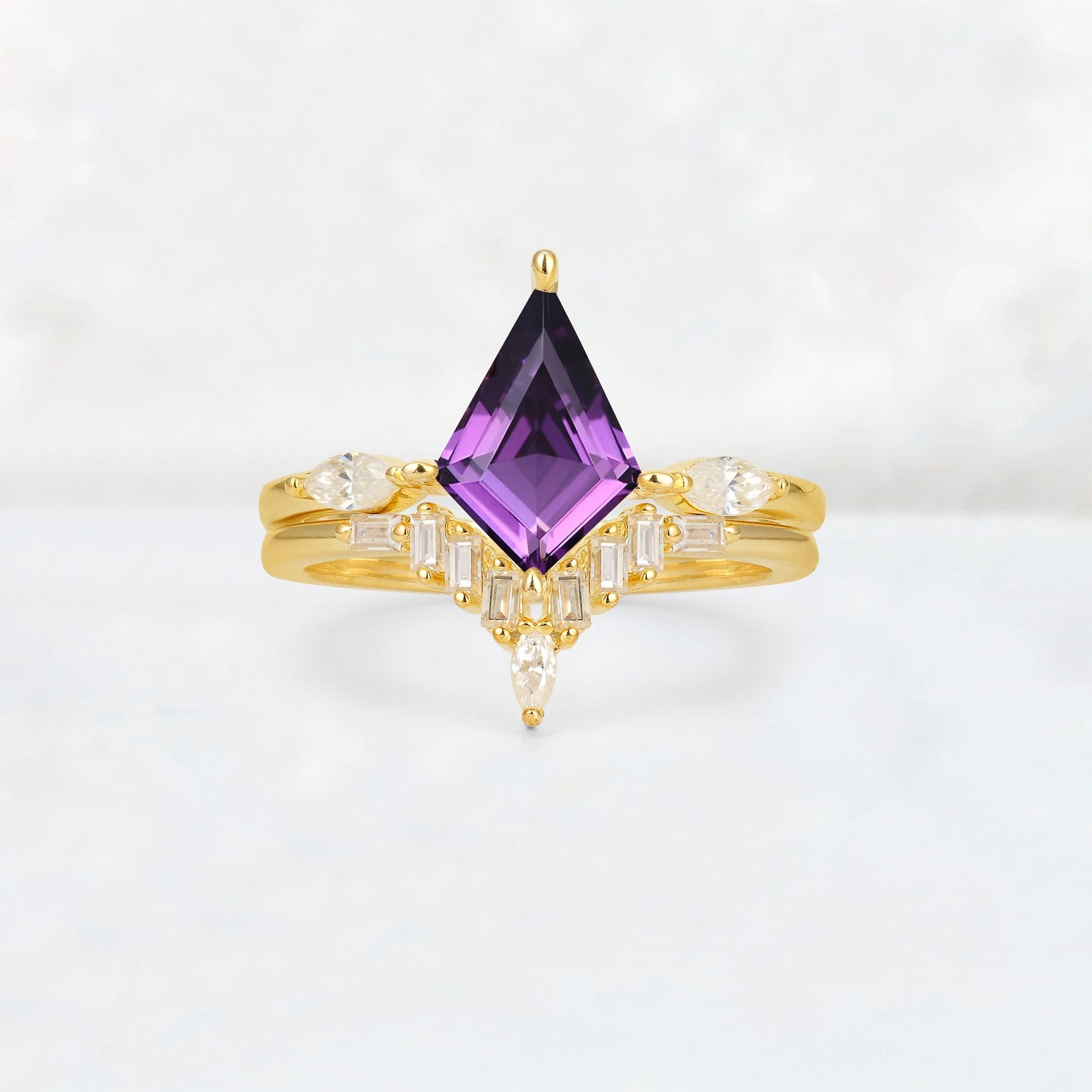 Elongated Kite Cut Amethyst Marquise & Baguette Bridal Ring Set - Yellow-Gold