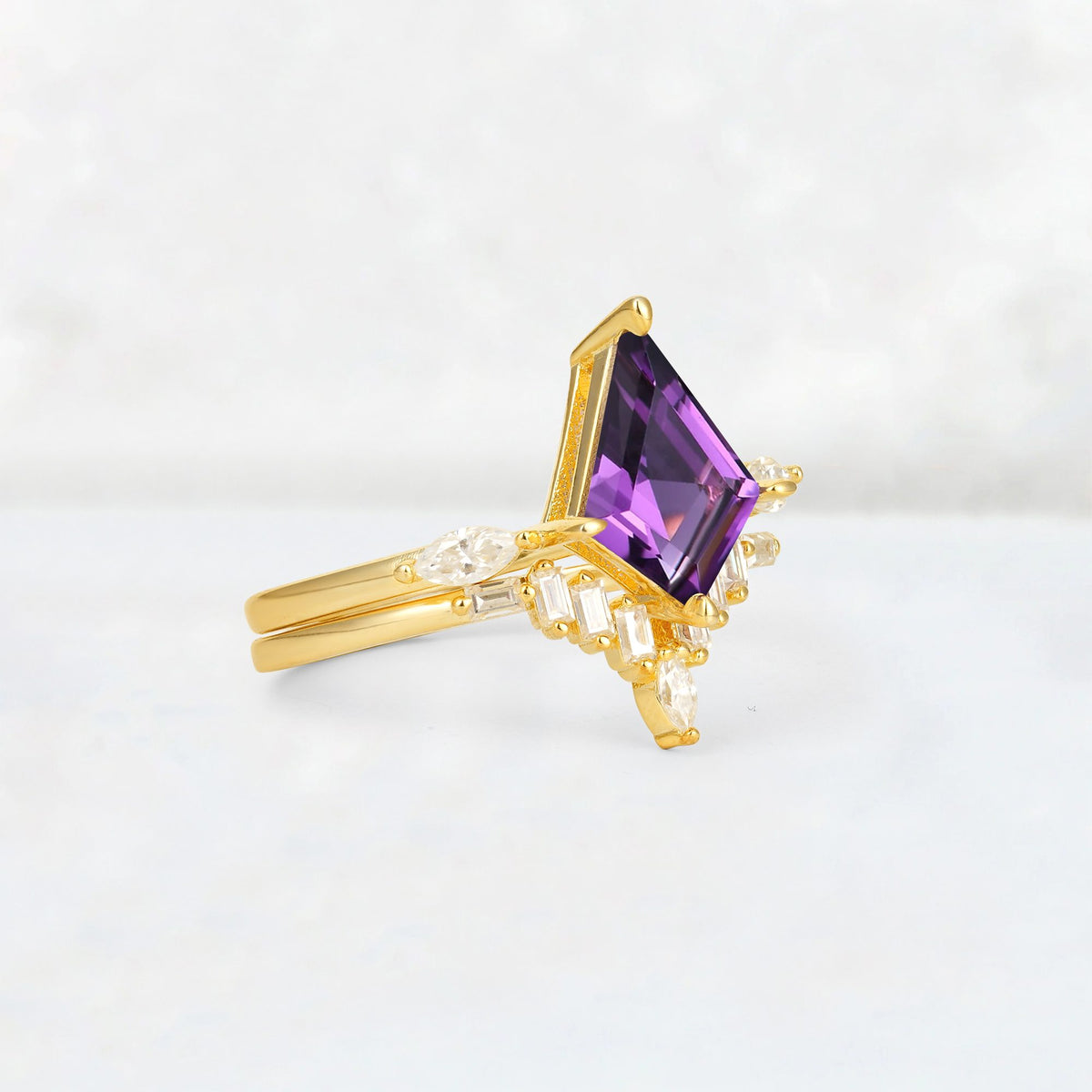 Elongated Kite Cut Amethyst Marquise & Baguette Bridal Ring Set - Rose-Gold