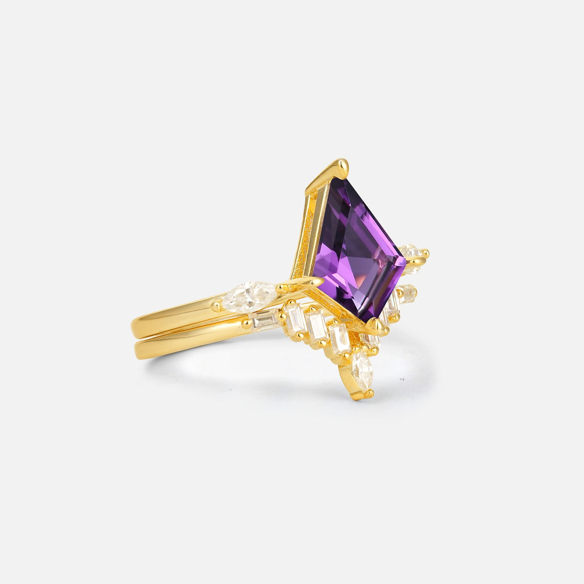 Elongated Kite Cut Amethyst Marquise & Baguette Bridal Ring Set - Rose-Gold