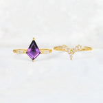 Elongated Kite Cut Amethyst Marquise & Baguette Bridal Ring Set - White-Gold