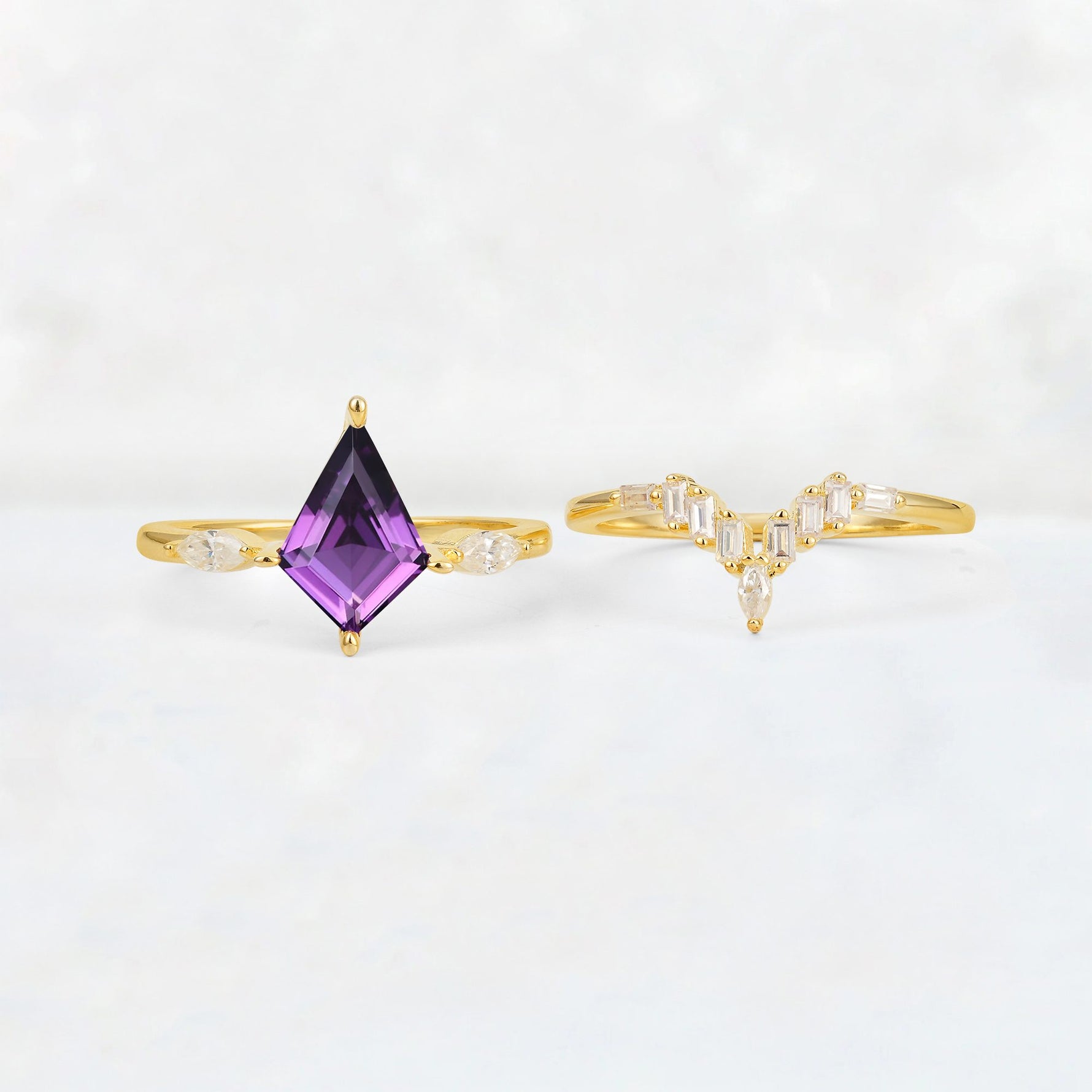 Elongated Kite Cut Amethyst Marquise & Baguette Bridal Ring Set - White-Gold