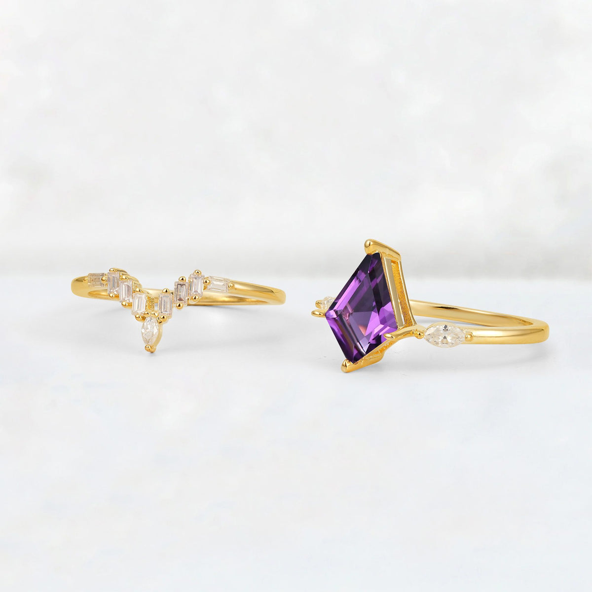 Elongated Kite Cut Amethyst Marquise & Baguette Bridal Ring Set - Additional view