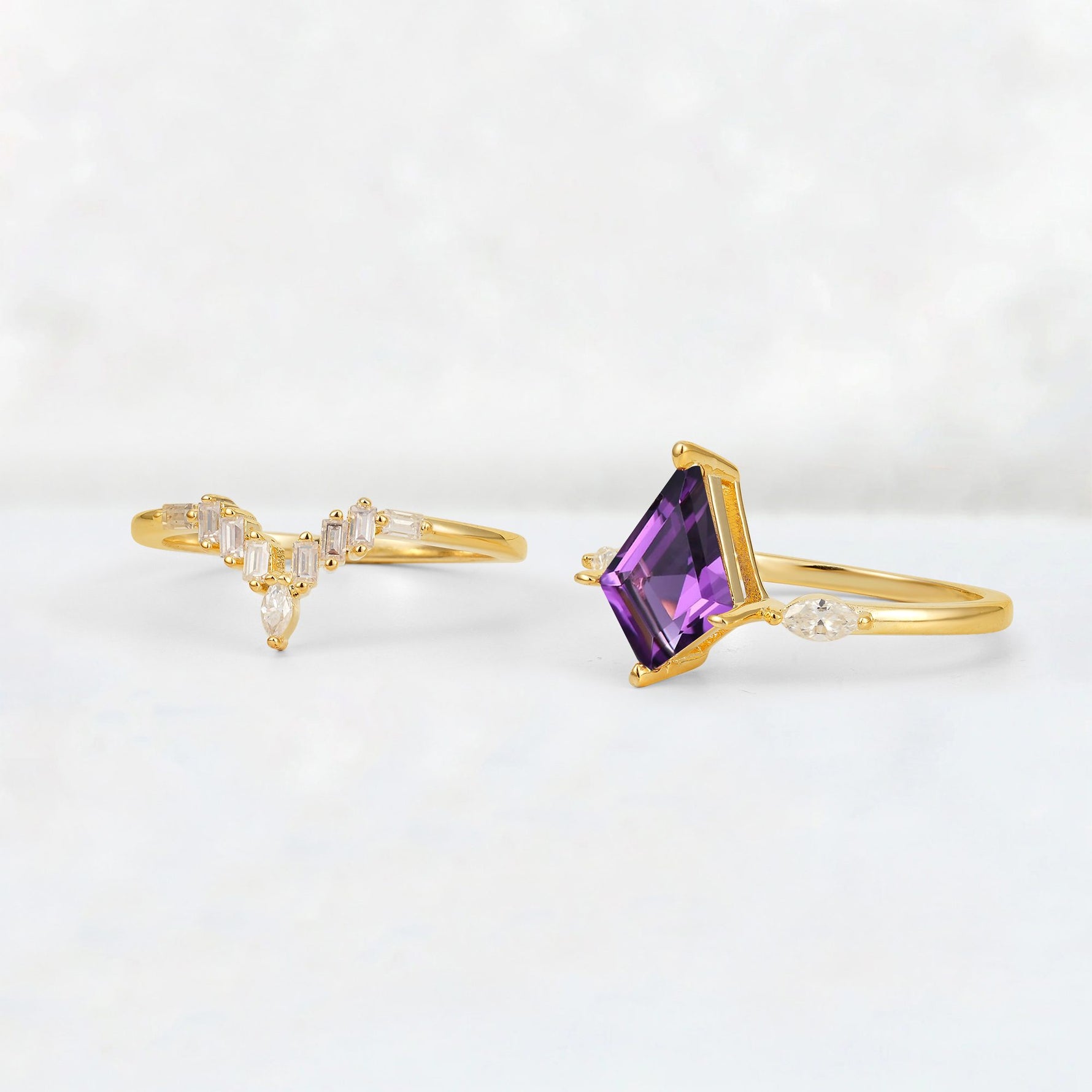 Elongated Kite Cut Amethyst Marquise & Baguette Bridal Ring Set - Additional view