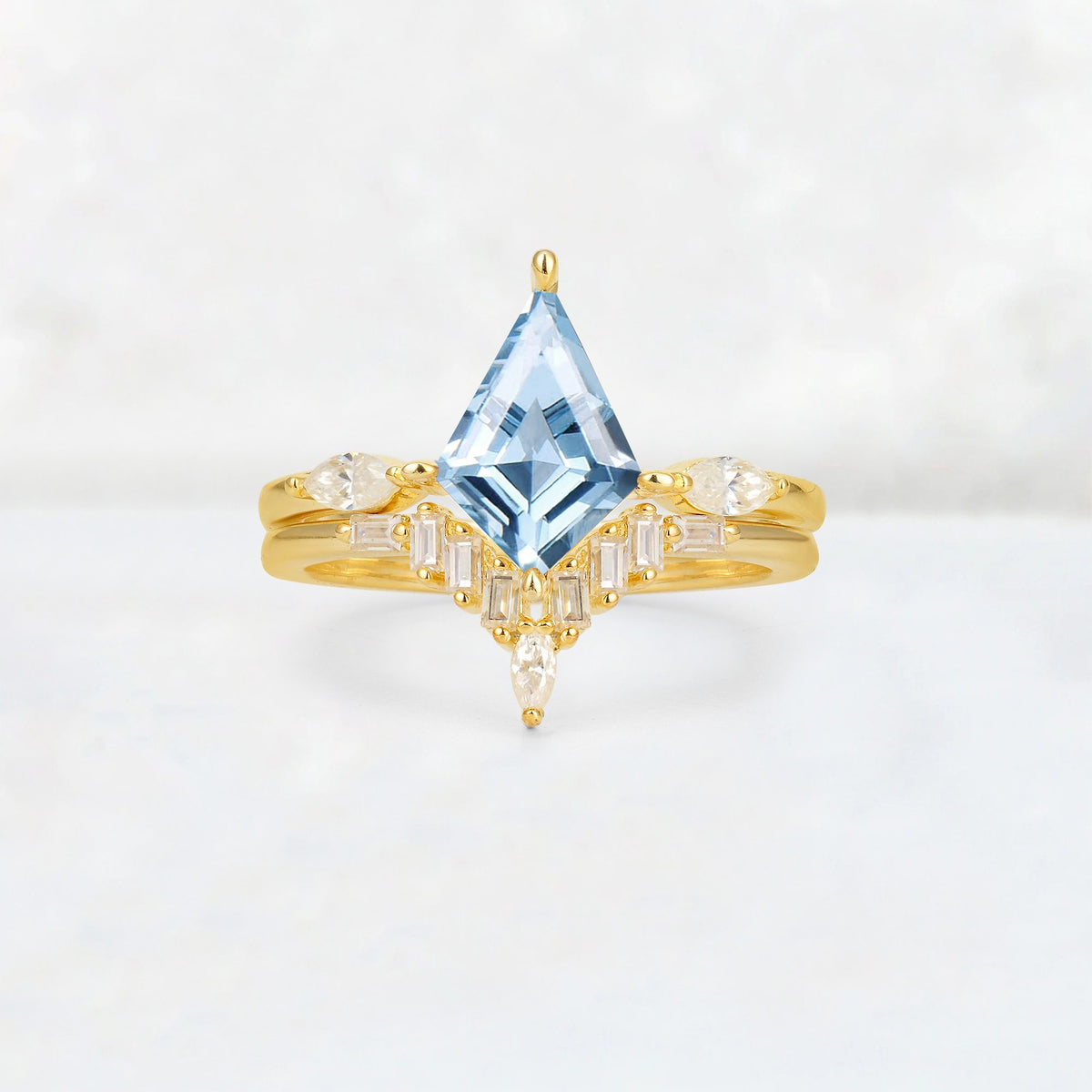 Elongated Kite Cut Aquamarine Marquise & Baguette Bridal Ring Set - Yellow-Gold