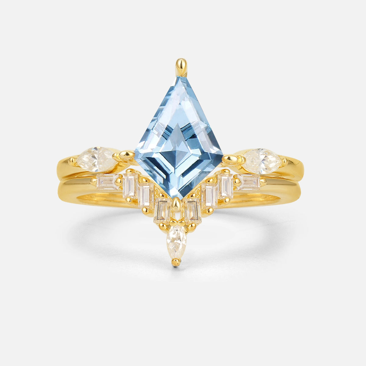 Elongated Kite Cut Aquamarine Marquise & Baguette Bridal Ring Set - Yellow-Gold