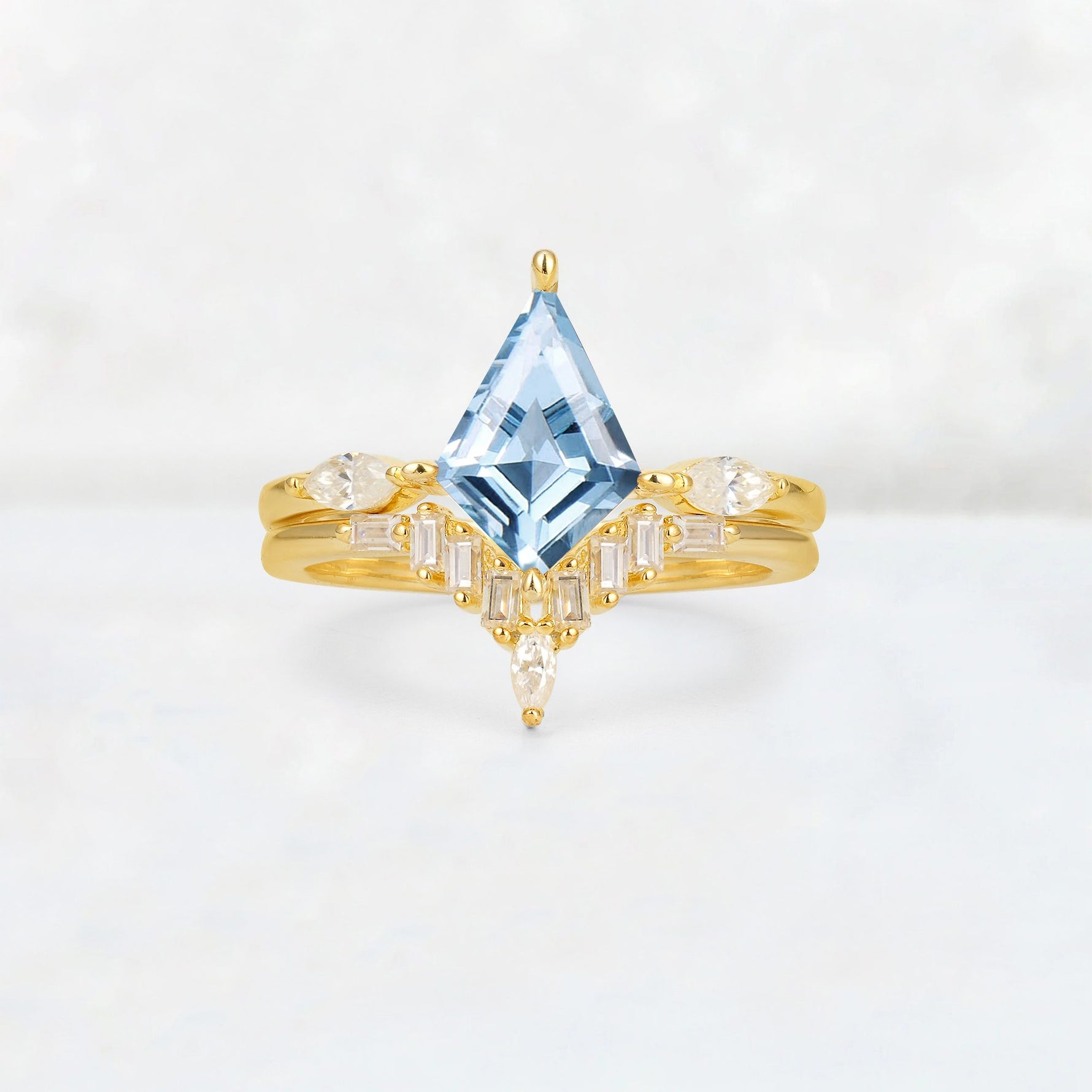 Elongated Kite Cut Aquamarine Marquise & Baguette Bridal Ring Set - Yellow-Gold