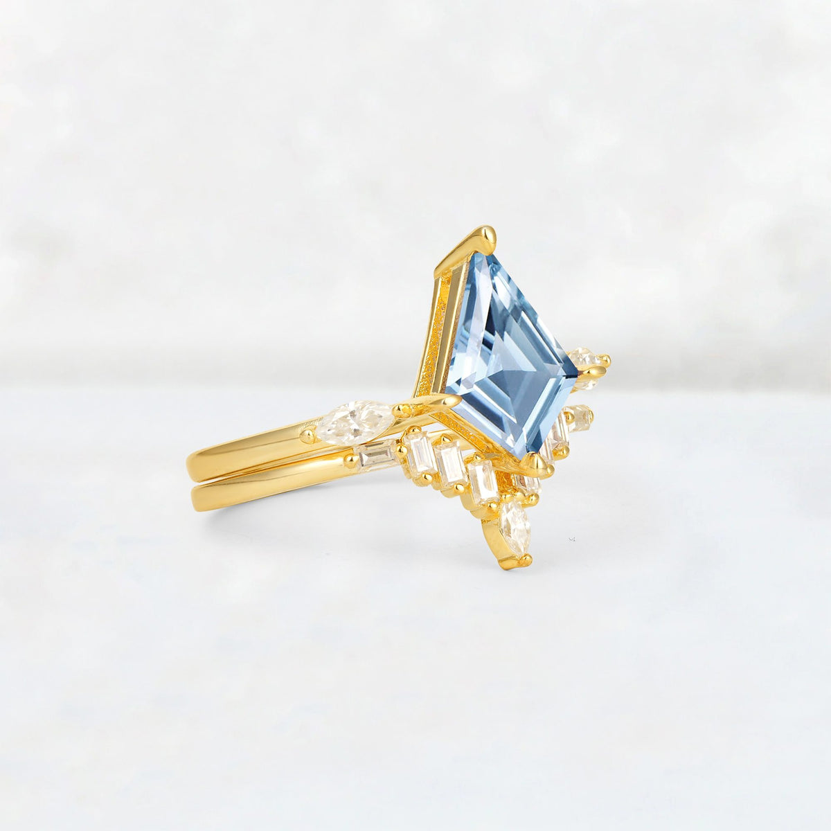 Elongated Kite Cut Aquamarine Marquise & Baguette Bridal Ring Set - Rose-Gold