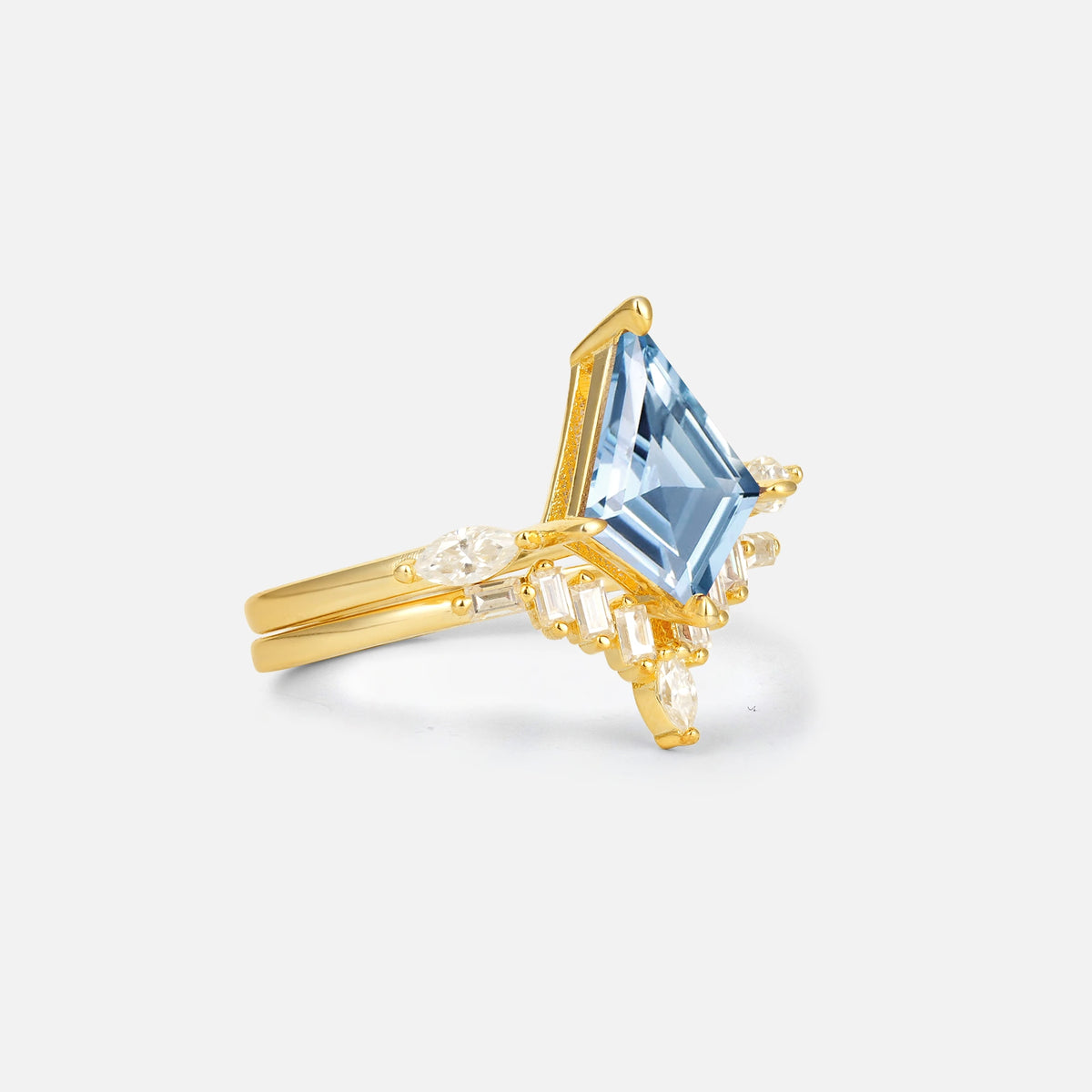 Elongated Kite Cut Aquamarine Marquise & Baguette Bridal Ring Set - Rose-Gold
