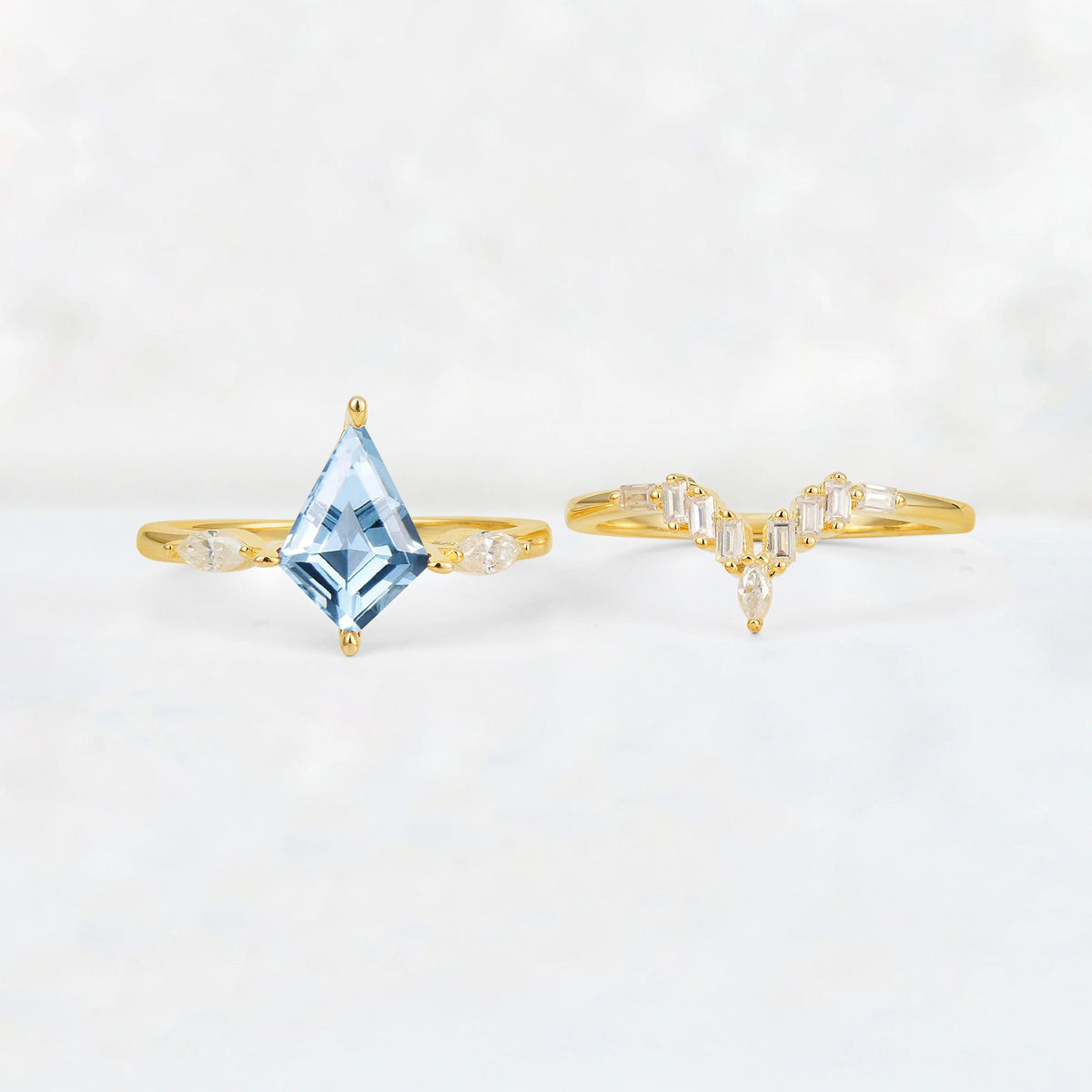 Elongated Kite Cut Aquamarine Marquise & Baguette Bridal Ring Set - White-Gold