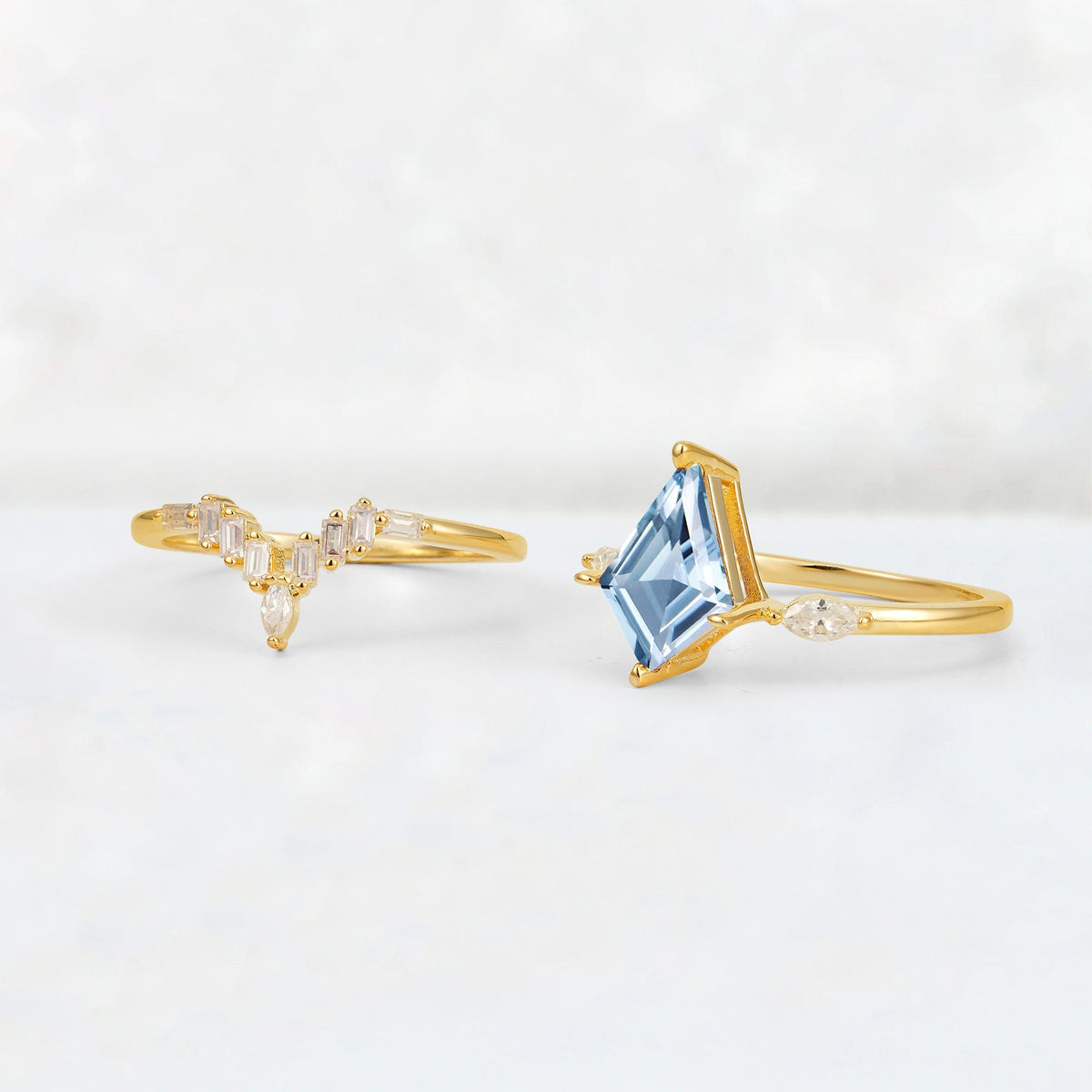 Elongated Kite Cut Aquamarine Marquise & Baguette Bridal Ring Set - Additional view