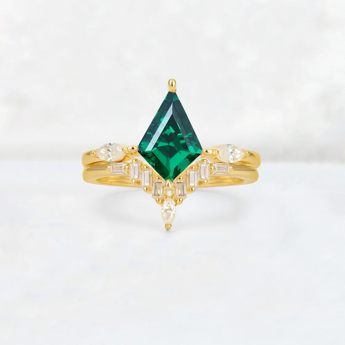 Elongated Kite Cut Emerald Marquise & Baguette Bridal Ring Set - Yellow-Gold