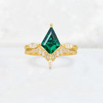 Elongated Kite Cut Emerald Marquise & Baguette Bridal Ring Set - Yellow-Gold