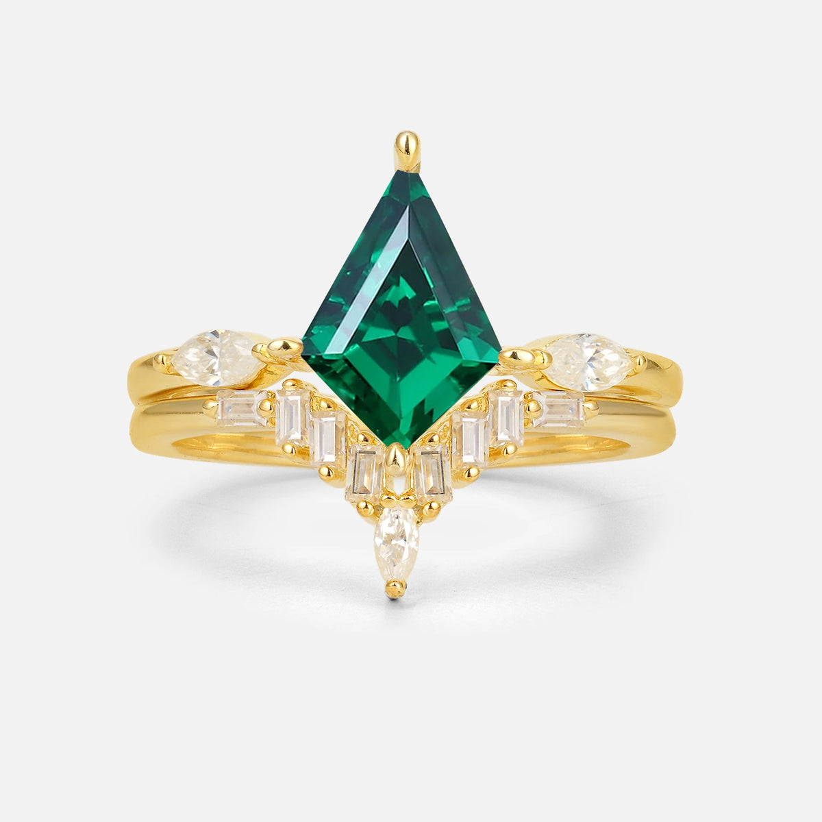 Elongated Kite Cut Emerald Marquise & Baguette Bridal Ring Set - Yellow-Gold