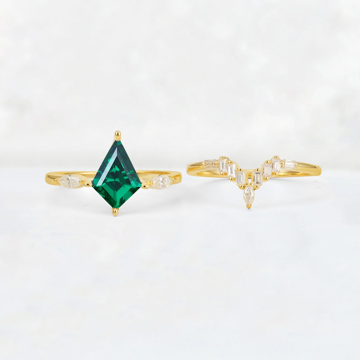 Elongated Kite Cut Emerald Marquise & Baguette Bridal Ring Set - White-Gold